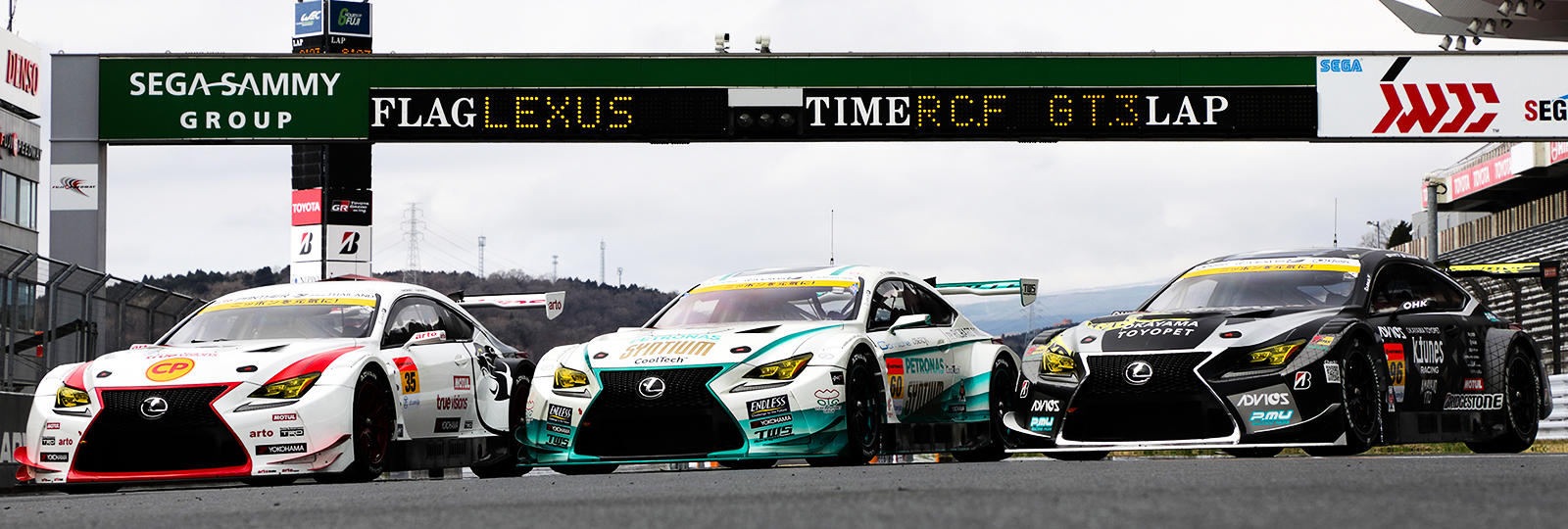 LEXUS RC F GT3s in the 2018 SUPER GT (the No. 35 arto RC F GT3, the No. 60 SYNTIUM LMcorsa RC F GT3 and the No. 96 K-tunes RC F GT3)